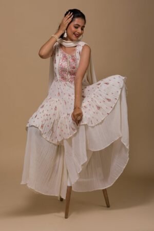 Cream Threadwork Georgette Readymade Sharara Suit