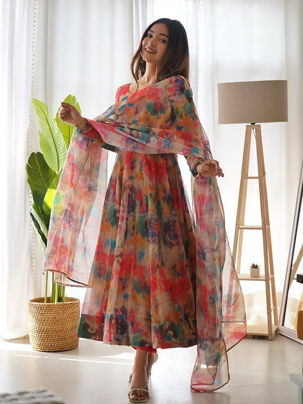 Orange Stains Organza Printed Anarkali Gown With Pant & Dupatta Set - Image 2