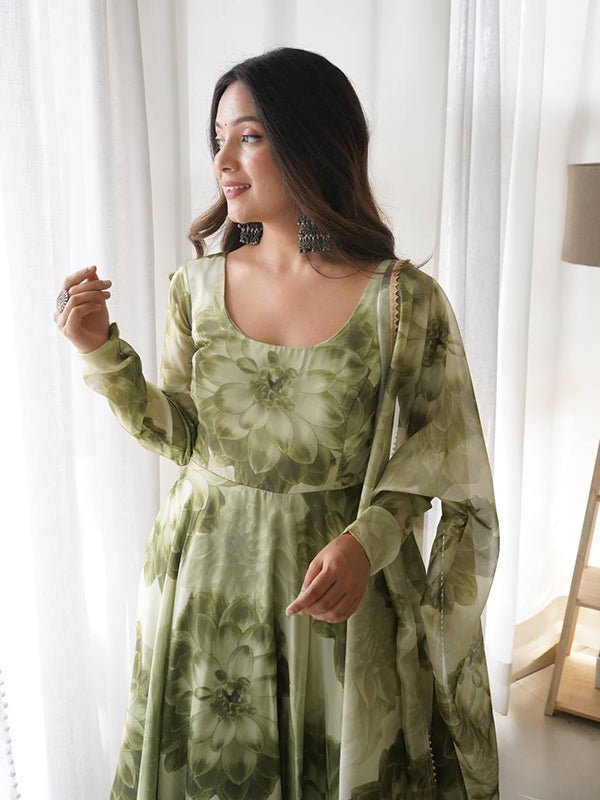 Mehandi Organza Printed Anarkali Gown With Pant & Dupatta Set - Image 3