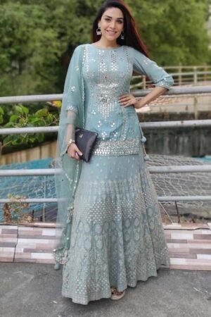 Anjum Fakih Bollywood Style Pastel Green Color Sharara Suit