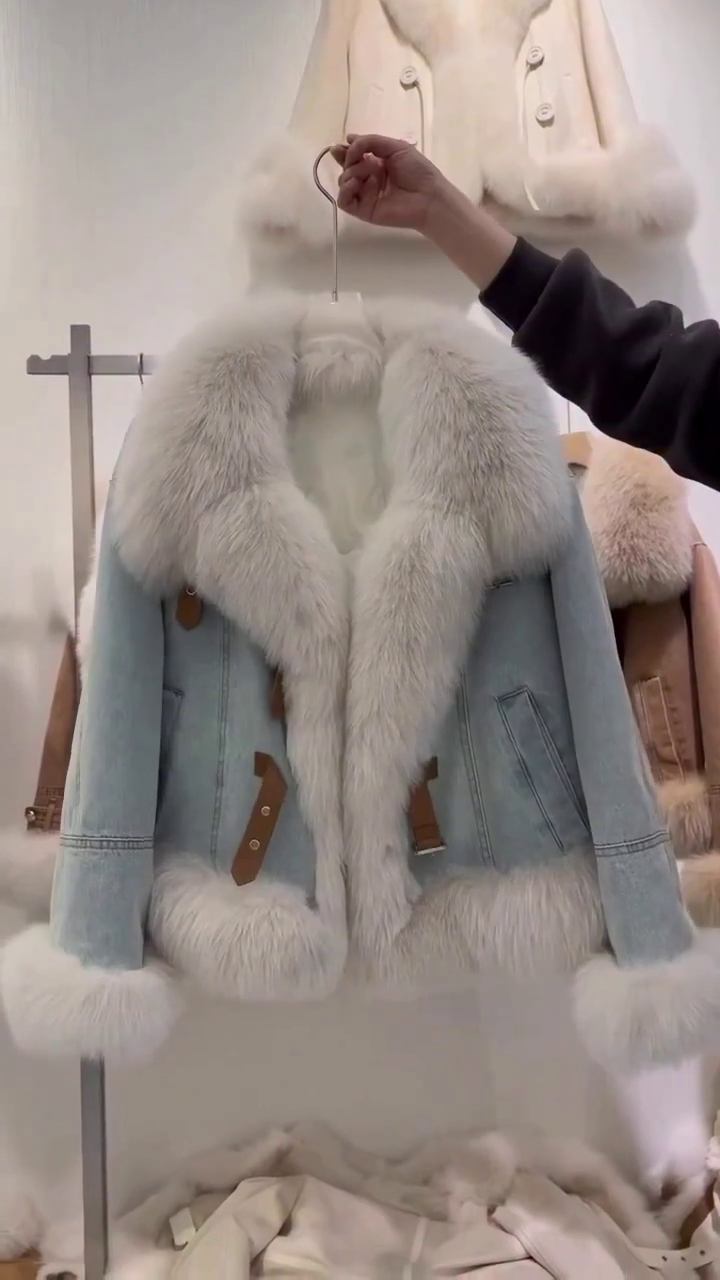 Winter Warm Loose Denim Jacket Women Fur Collar Padded Jacket Vintage Cotton Thick Warm Jean Outwear