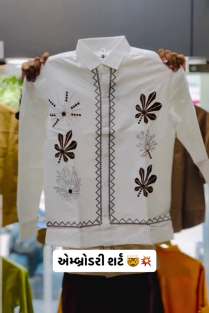 Men’s White Embroidered Front Panel Casual Shirt