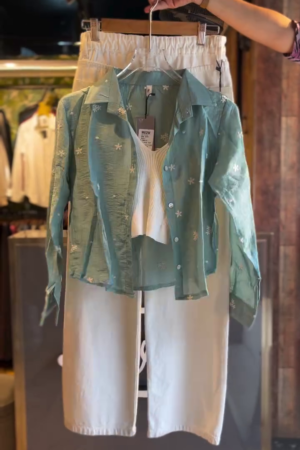 Women's Elegant Long Sleeve Button Down Shirt with Rhinestone Collar Detail, Light Sage Green