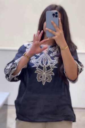 Women's Cotton Linen V Neck Retro Embroidered comfort Casual Top