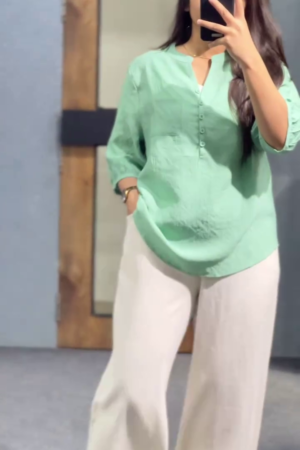 Women's Mandarin Collar Three-Quarter Sleeves Solid Sea Green