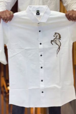 Horse Embroidered Button-Down Collar Slim Fit Linen Shirt