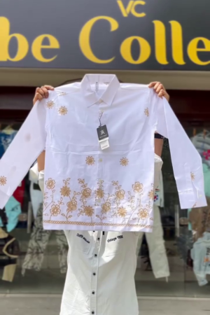 Men White Slim Fit Embroidered Cotton Casual Shirt