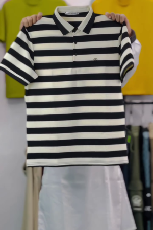Men's Polo T-Shirt, Half Sleeve, Black & White Cotton Blend Stripes, Regular Fit