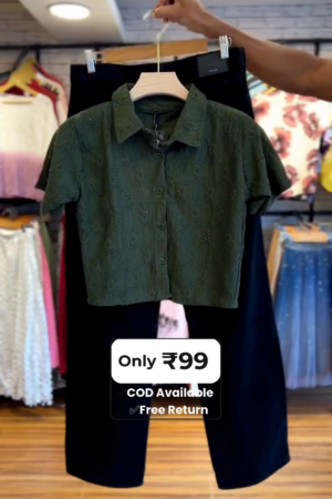Women Green Self Design Cotton Straight Shirt