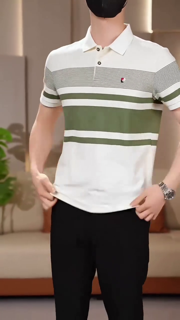 Men Striped Polo Collar T-shirt - Image 3